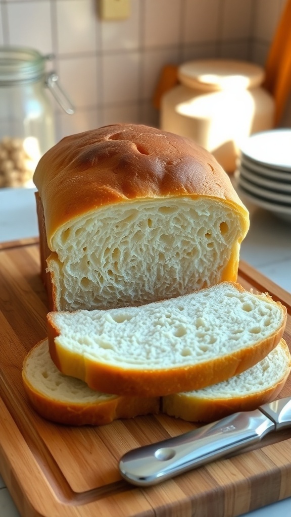 Freshly baked homemade sandwich bread loaf, sliced on a wooden board.